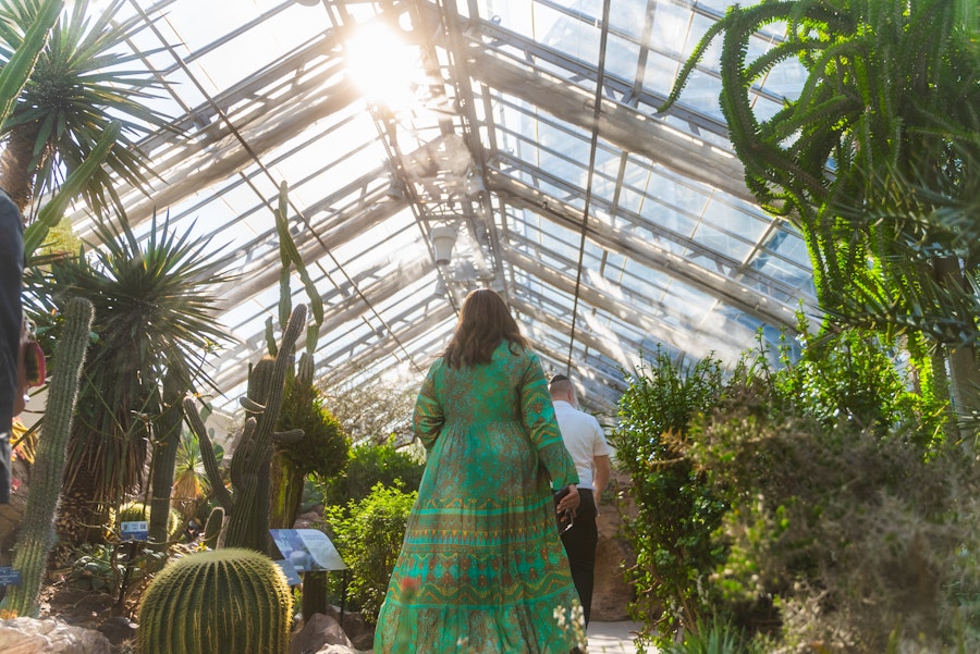 A woman in a long green dress walks through a greenhouse in the U.S. Botanic Garden. 