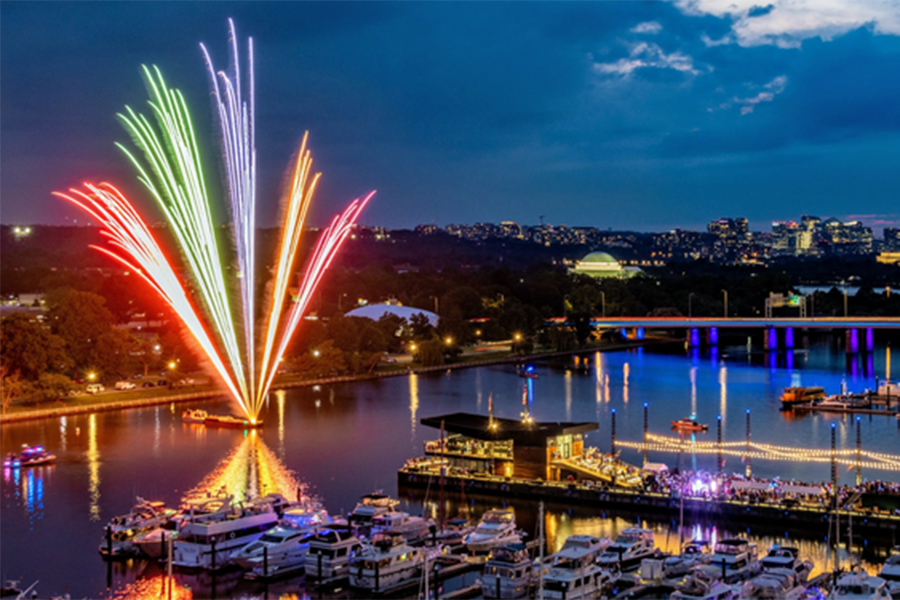 Southwest DC Pier with rainbow fireworks