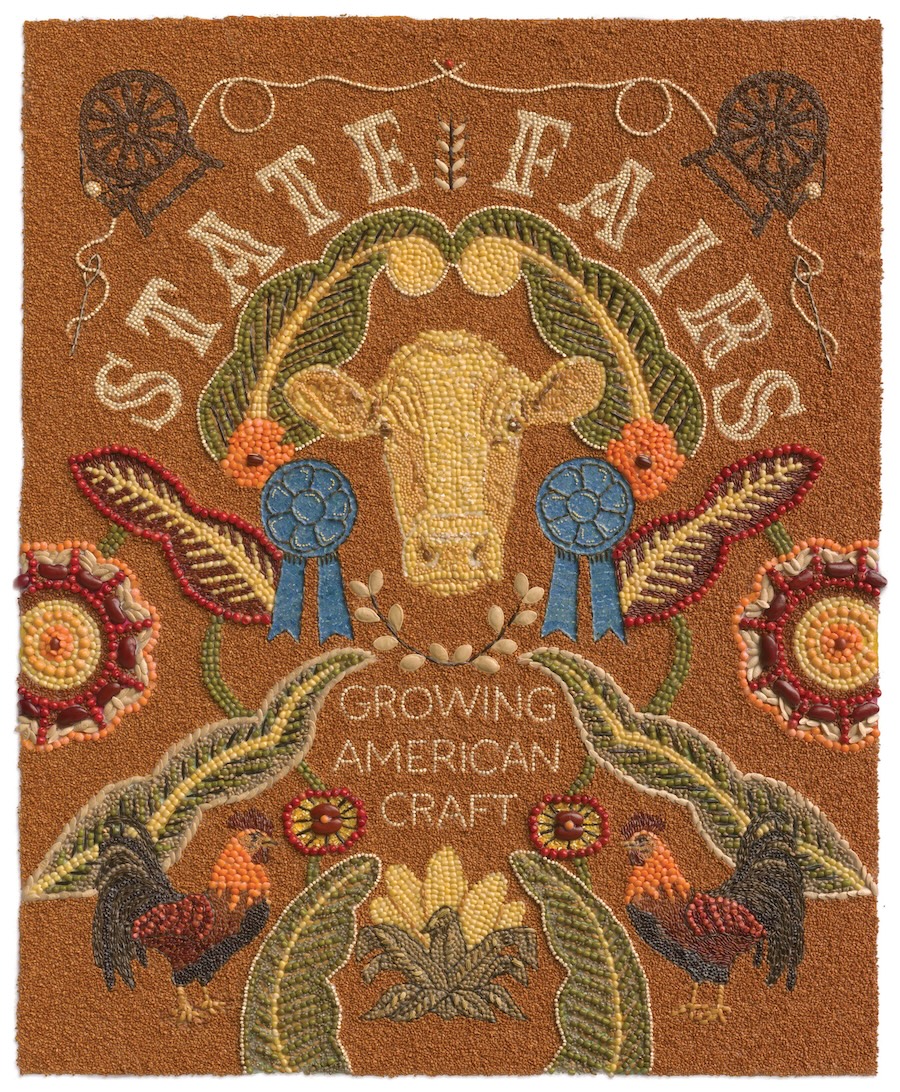 A richly textured craft artwork features a cow, roosters and prize ribbons with the text “State Fairs: Growing American Craft.”