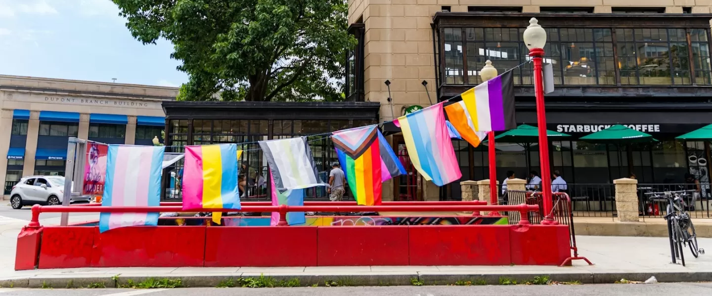 A string of LGBTQ+ flags hang from a former Metro stop in Dupont Circle. 