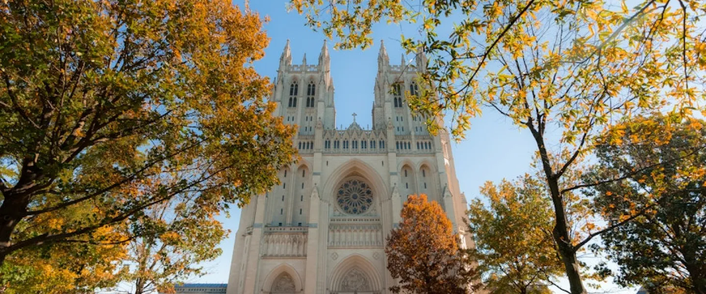 Washington National Cathedral framed by trees with fall colors.