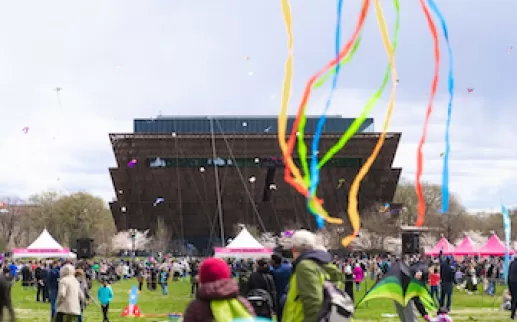 A colorful scene from the Blossom Kite Festival with kites flying in the sky in front of the National Museum of African American History and Culture.
